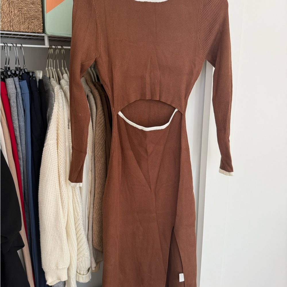 Amazon Brown Sheath Dress with Cuffed Long Sleeves